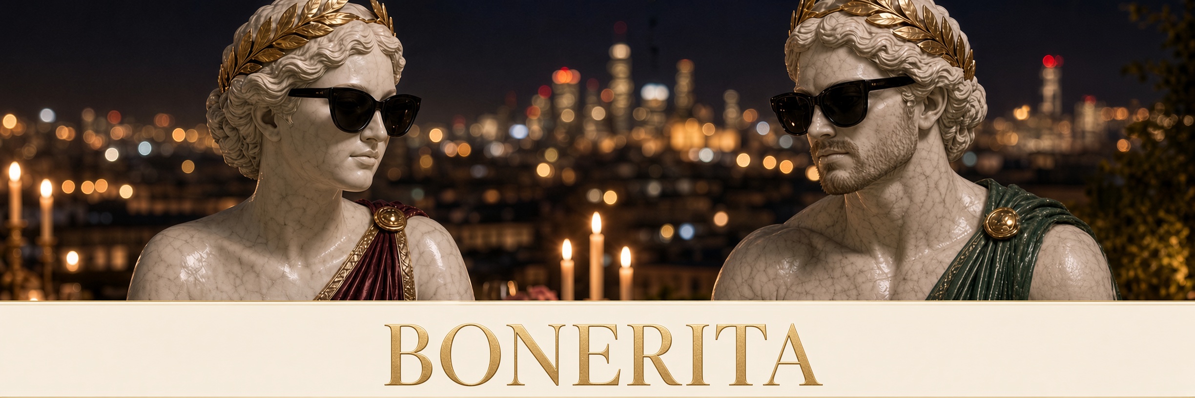 Banner. The pair at dinner, faces and shoulders, city behind.