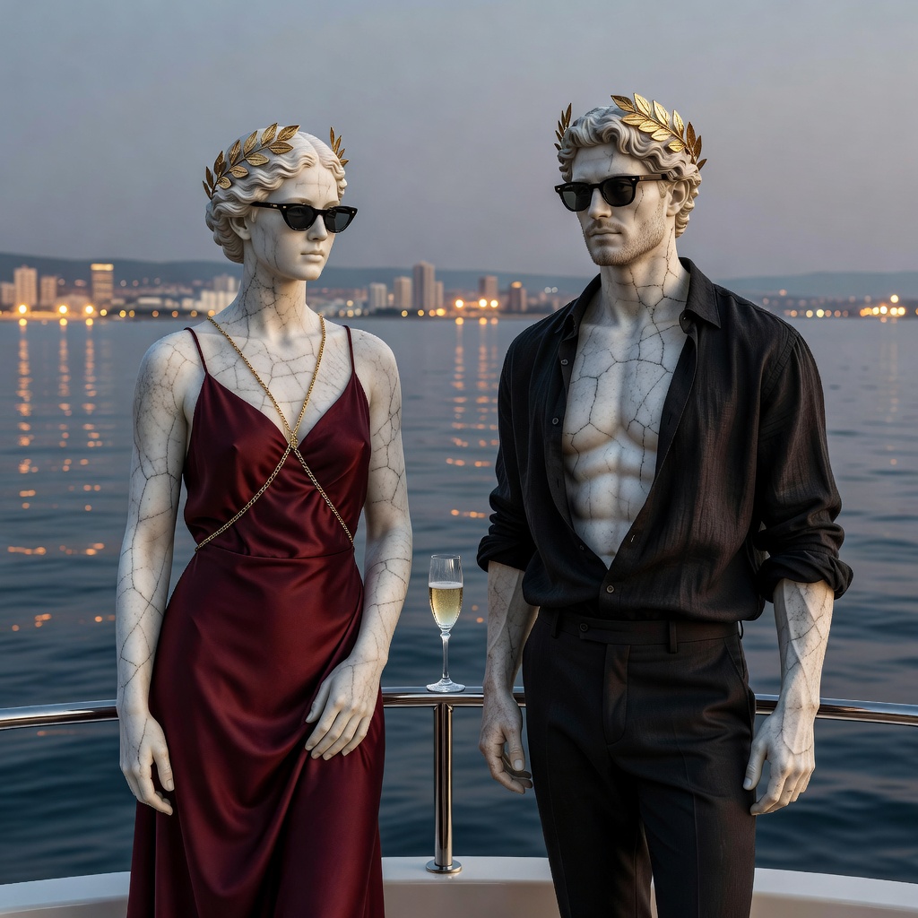The pair side by side at a yacht rail at dusk.
