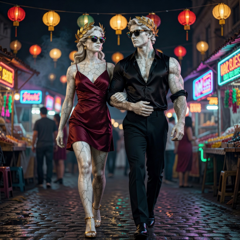 The pair walking a neon night market, his hand at her waist.