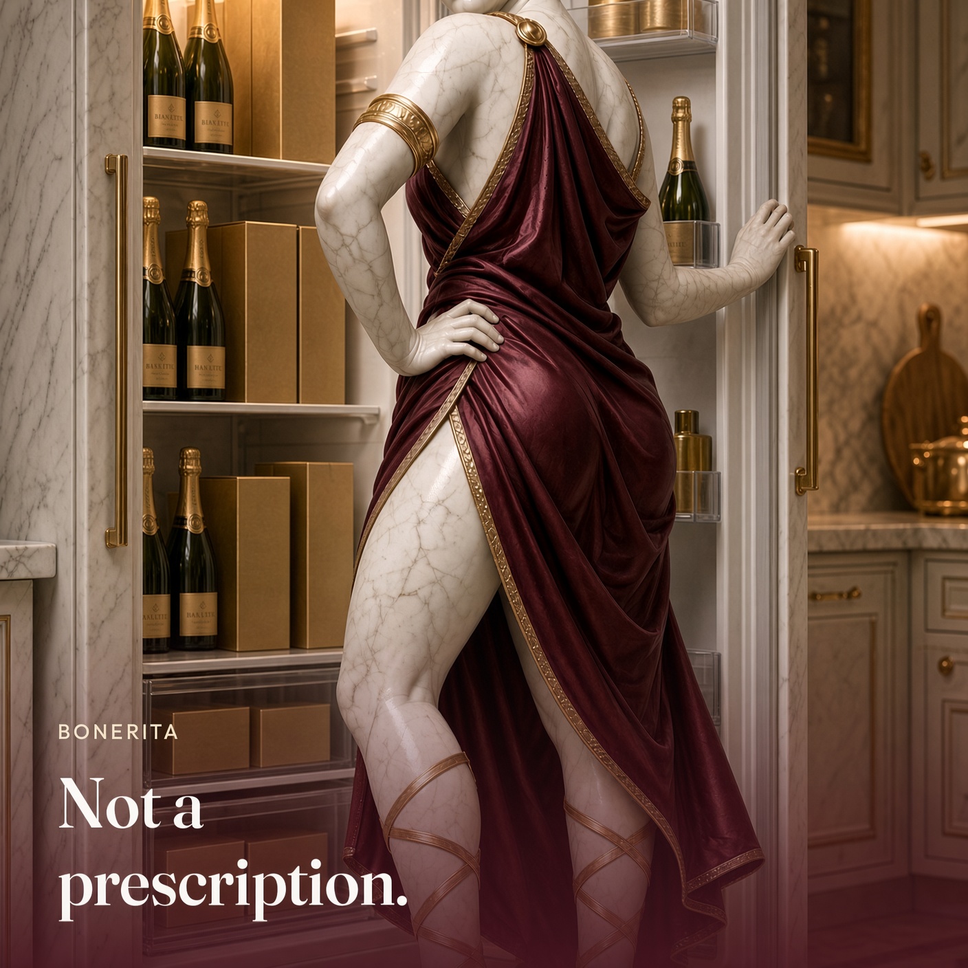 She opens a fridge of champagne. The picture says not a prescription.