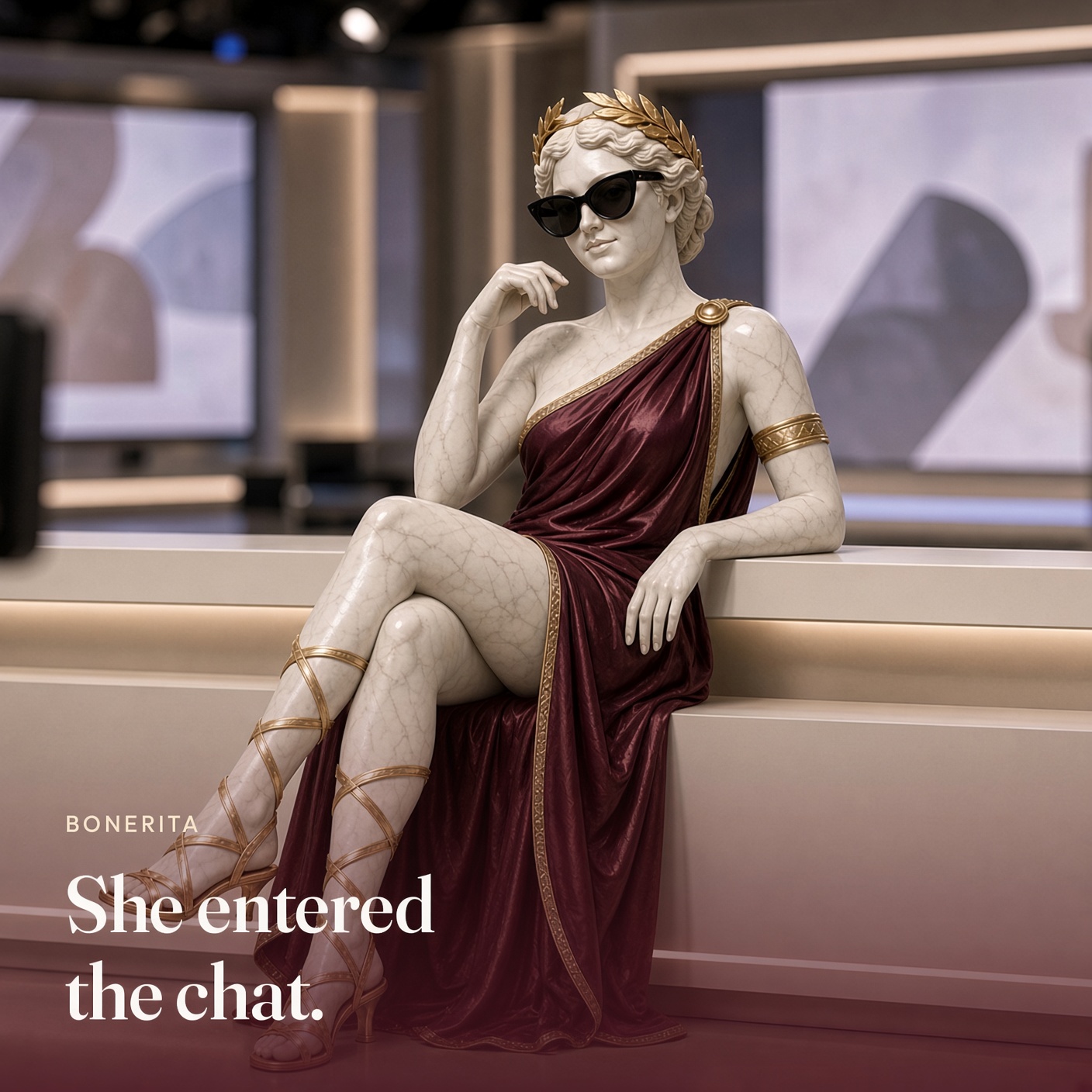 She sits at a news desk. The picture says she entered the chat.
