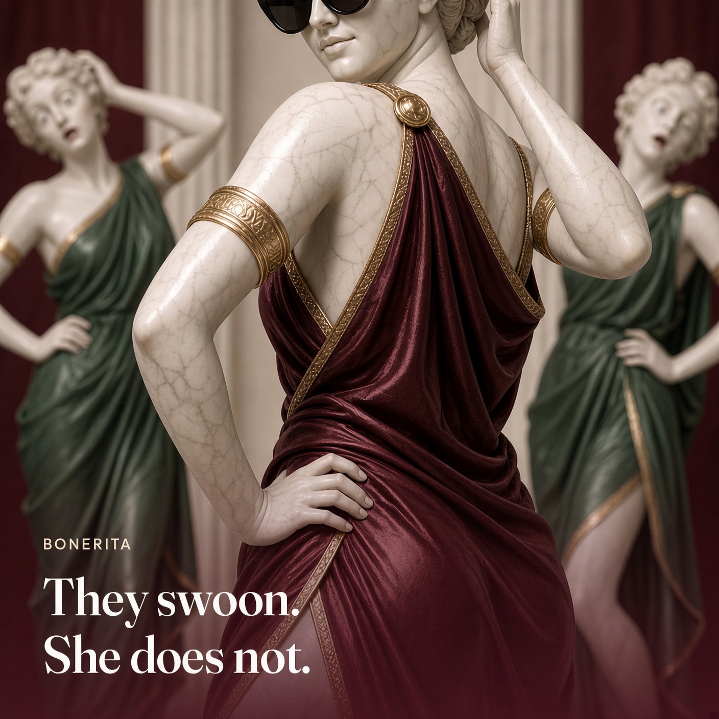 Marble admirers swoon behind her. The picture says they swoon, she does not.