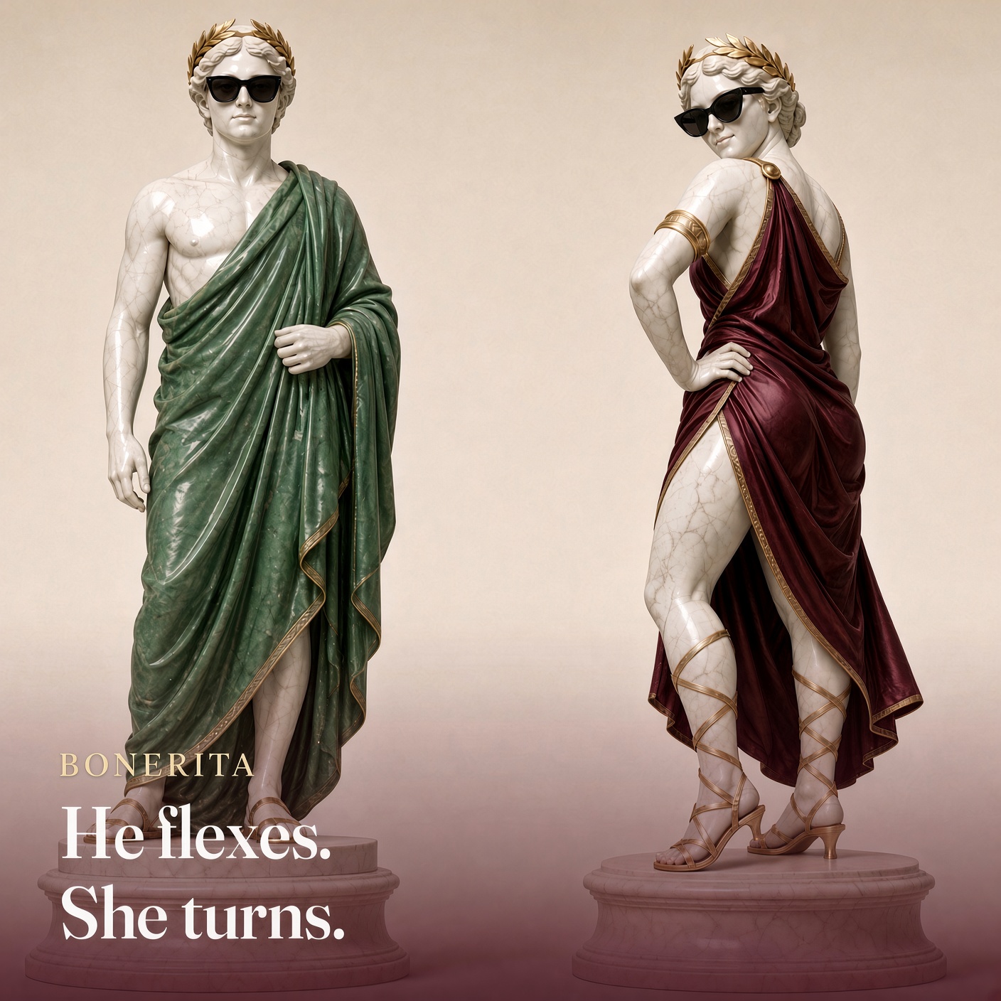 Two marble statues. The picture says he flexes, she turns.