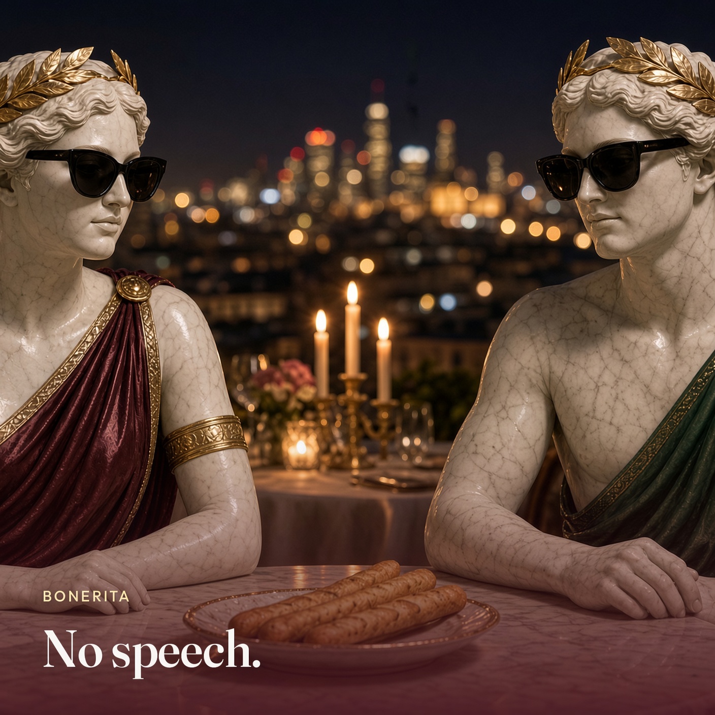 The pair at a rooftop table. The picture says no speech.