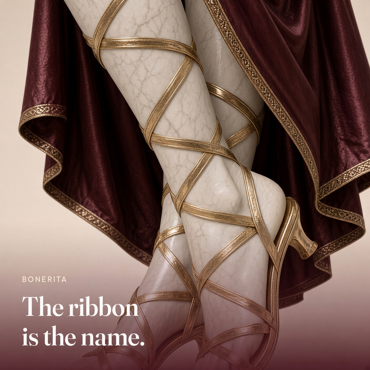 Gold ballet ribbons on marble calves. The picture says the ribbon is the name.