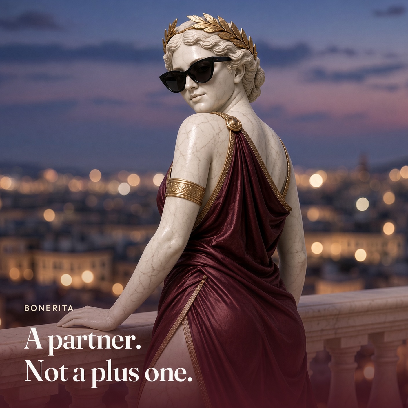 She looks back from a balcony. The picture says a partner, not a plus one.
