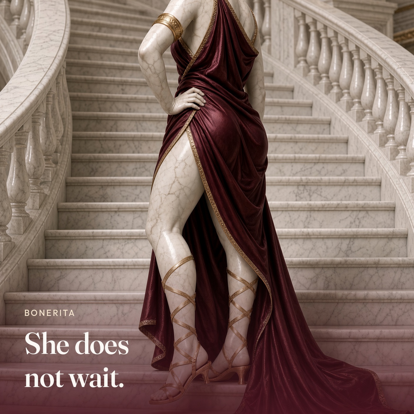 She stands at the top of a staircase. The picture says she does not wait.
