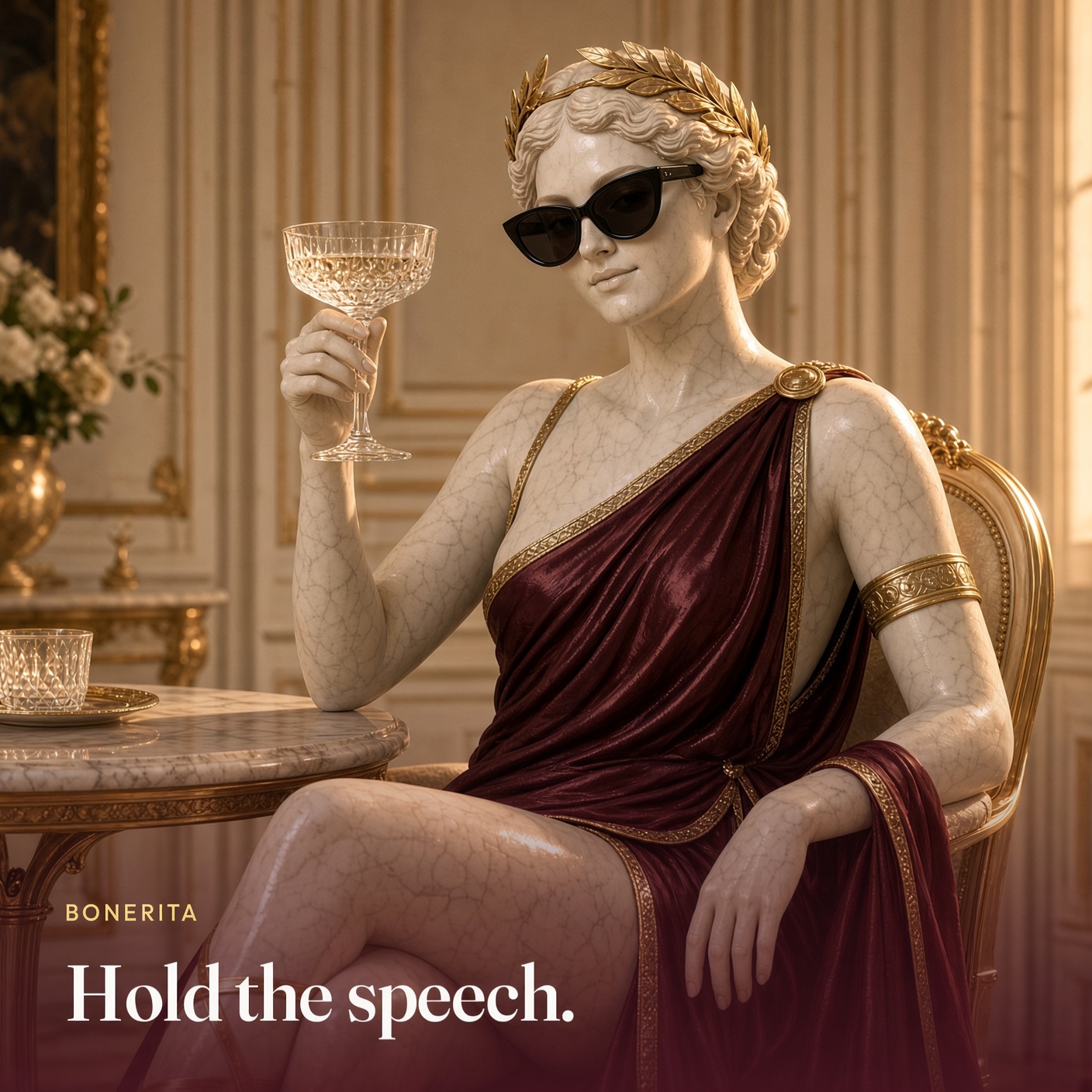 She raises a champagne glass. The picture says hold the speech.
