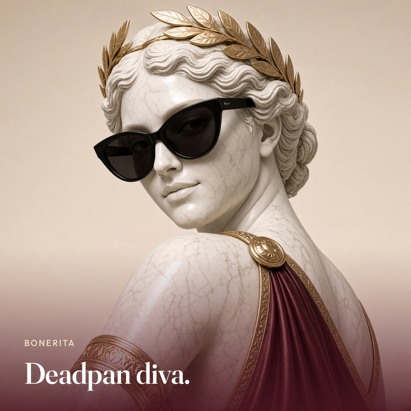 Close portrait in cat-eye sunglasses. The picture says deadpan diva.