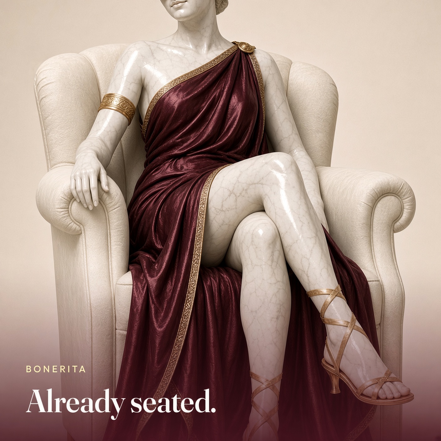 She sits in a cream chair. The picture says already seated.